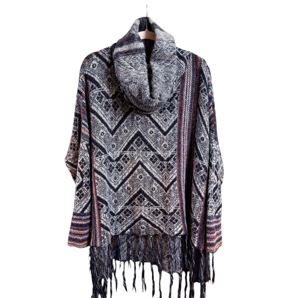 Free People Poncho Sweater M Wool Alpaca Fair Isle Fringe Cowl Neck Boho